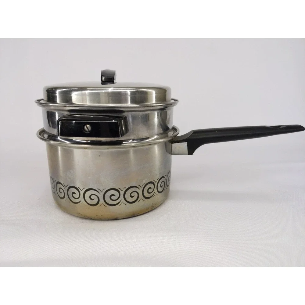 VTG Ecko Stainless Steel Double Boiler w Lid Black Handles Swirl Design 2qt